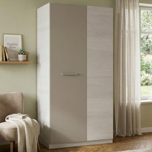 Guardaroba 2 Ante Abilene, Armadio per Camera da Letto, Mobile con 3 Ripiani e Barra Appendiabiti, 90x52h200 cm, Bianco e Marrone