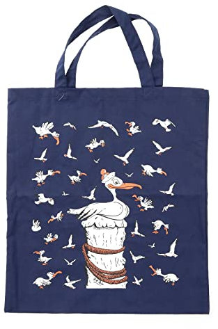 ELLUG Maritime Baumwolltasche/Jutebeutel/Stofftasche dunkelblau mit einseitig bedruckten Möwen 32x42cm, Einkaufstasche Tasche Tragetasche