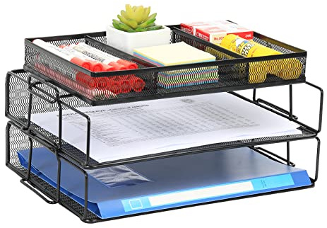 EasyPAG 3 st A4 stapelbar skrivbordsorganisatör i metall för kontor, dokumenthållare, mapphylla, tidningshållare, brevlåda, pappersarrangör, svart