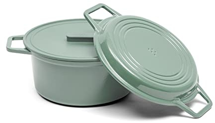 Misen 7 QT Enameled Cast Iron Dutch Oven - Chip-Resistant Enamel Coating - Thick Iron Core For Heat Retention - Large Cooking Surface - Oven Safe, Induction Compatible - Grill and Silicone Lid, Green