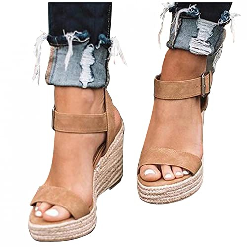 riou Sandalias Mujer Plataforma Verano 2022,Cuña Zapato Hebilla Punta Abierta Plano Zapatos Bohemias Romanas Hebilla Zapatillas-Variedad de Estilos (08 Marrón, 38 EU)