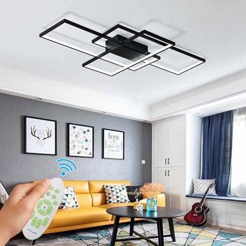 WHLL Deckenlampe Wohnzimmer, Schwarz 90cm LED Moderne wohnzimmerlampe 3000K-6000K Dimmbar Deckenleuchte mit Fernbedienung Schlafzimmer Lampe Aluminium Acryl Decke Close-to-ceiling Lights