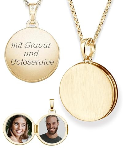 Medaillon rund zum Öffnen für Bilder Gelbgold vergoldet | Kette Damen Medallion mit Bild | Amulett Anhänger mit Foto personalisiert | Halskette mit Gravur | Schmuck Geschenk zur Erinnerung