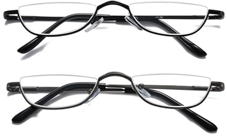 Hubeye Lot de 2 lunettes de lecture demi-lune en métal pour homme et femme, demi-monture, aide à la lecture, charnière à ressort ultra légère, aide à la vision étroite 2,50