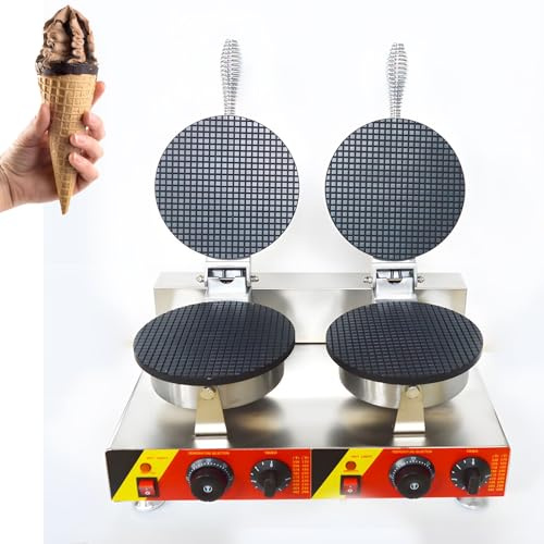 Banfluxion 110V Commercial Double Station Ice Cream Cone Maker Machine Waffle Cone Maker Stainless Steel Electric Waffle Cone Maker with Stainless Steel Handles Temperature adjustable 50-300℃