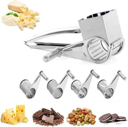 Grattugia per Formaggio a Manovella - Manuale in Acciaio Inox Con 4 Tamburi Da Taglio per Parmigiano, Cioccolato, Verdure