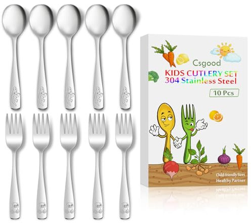 10 Stück Kinderbesteck, Edelstahl kinder Löffel und Gabel für Baby Kleinkind, Kindergeschirr Esslernbesteckeinfach zu benutzen und spülmaschinenfest (Krokodil und Bär)