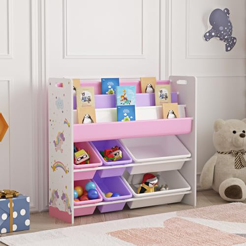 [en.casa] Étagère Enfant avec 3 Compartiments Ouverts et 6 Bacs de Rangement Bibliothèque à Motif Licorne Panneau de Particules Polyester PP Métal 78 x 86 x 27 cm Blanc Violet Rose