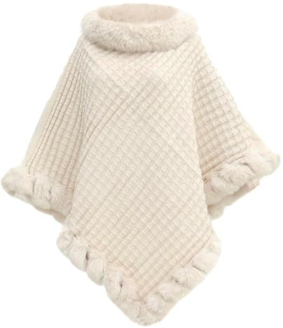 JFAN Damen Poncho Strick Cape Winter Warm Pullover Umhängetuch Elegante Strickponcho mit Kunstpelz Rundhal Beige