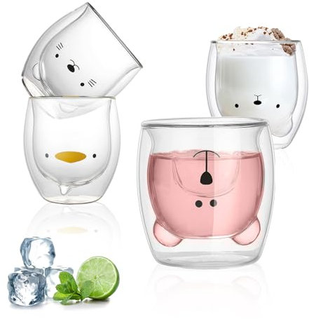 Yiiannda Cute Bear Glass Mug, Double Walled Glass Mug, 4pcs Double Walled Coffee Mugs for Women Birthday Christmas Office and Personal