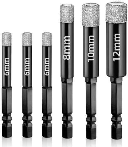 Porcelain Tile Drill Bits Set, 6PCS Professional Dry Diamond Core Drill Bit for Glass Granite Ceramic Marble Stone not for Wood, 6/6/6/8/10/12 mm