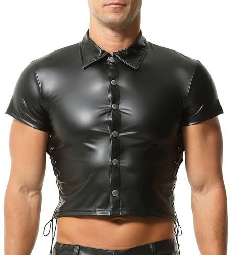 QiaTi Men's Faux Leather Vest Undershirt Mens Sleeveless Tank Top Zipper Stand Collar Shirt Muscle Waistcoats