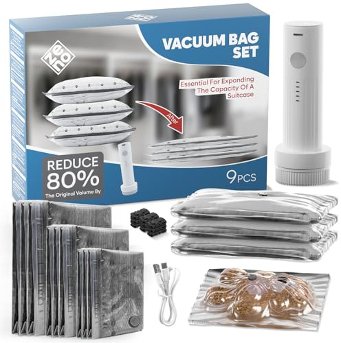 Sacchi Sottovuoto da Viaggio per Valigia con Pompa Senza Fili - 9 PCS (3 * 40x50cm, 3 * 40x60cm, 3 * 50x60cm) - Sacchetti Sottovuoto per Valigia Riutilizzabile