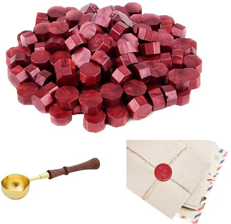 AYZDJ Kit de 100 perles de cire à cacheter – Cire à cacheter octogonale rouge flamme avec cuillère à fondre – Parfait pour les invitations, les enveloppes et la décoration de colis, pour loisirs