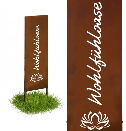 Relaxdays Edelrost Gartendeko, Wohlfühloase, HB: 85x28 cm, Gartenstecker wetterfest, rustikal, zum Stecken, Eisen, braun