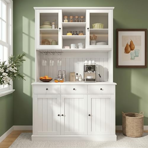 Nolirx Buffet Cuisine avec Multiprise et USB, 191 cm Haut Armoire de Cuisine avec 5 Portes, 3 Tiroirs et Verre à Vin, Étagère à Micro-Ondes, Meuble de Rangement pour Salle à Manger Salon (Blanc-14W)