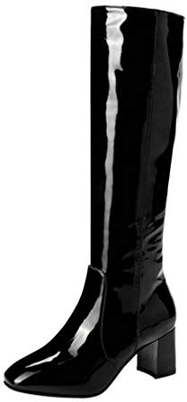 Birdsight Botte Genou Femme Longue Talon Bloc Carrés Vernis Zip Chaussures Chaud Hiver Winter Eclair Bootie Warm Knee High Boots Chunky Heels 6CM(Noir,38)