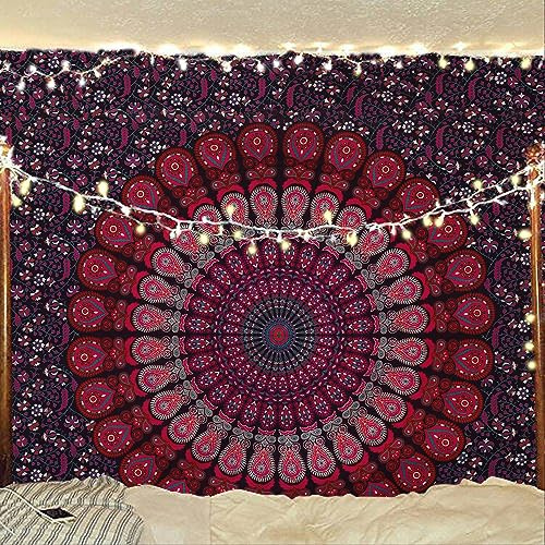 Bless International Indian hippie Bohemian Psychedelic Peacock Mandala Wall hanging Bedding Tapestry (Purple Pink, 101.60L X 76.20W cm)