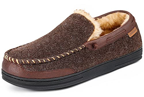 LongBay Men’s Moccasin Slippers Memory Foam Warm House Shoes Indoor Outdoor Rubber Sole 11UK,Coffee