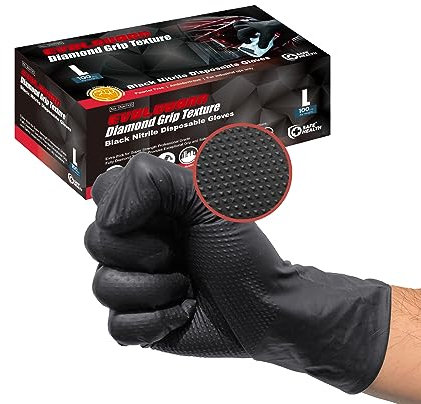 Safe Health Guanti monouso in Nitrile Neri Taglia L, Testurizzati a Diamante, 5,5 Mil Spessore Maggiore, 100 pezzi, Senza polvere Senza Lattice, Resistente a Olio, Auto, Meccanico, Manutenzione