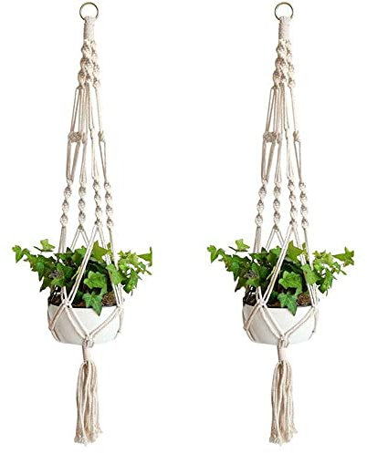 2 Pièces Macramé Plante Suspension, Panier en Corde de Coton à Suspendre de Fleurs en Macramé pour Pots de Fleurs Muraux pour Décoration de la Maison, Jardinage de Bureau 4 Jambes