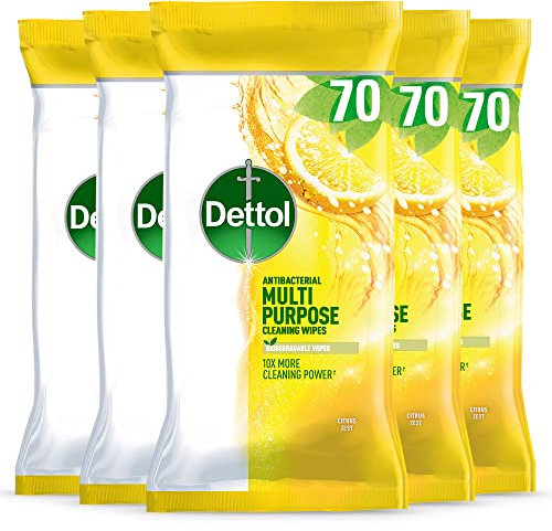Dettol Antibacterial Multipurpose Cleaning Wipes, Citrus Zest, 70 pack (5 x 70, Total 350 Wipes) Disinfectant, Biodegradable, 10x Cleaning power vs Water alone, Kills 99.9 Percent of Germs