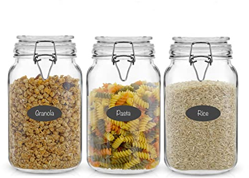 JoyJolt Airtight Glass Jars with Lids Set of 3. 50oz Glass Jar with Lid and 6 Silicone Seals! Med Glass Food Storage Containers. Square Mason Jar, Flour Jar, Candy or Cookie Jars for Kitchen Counter