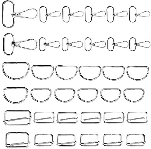 MZMing 36 Stücke Taschenzubehör zum Nähen Set 25mm 32mm D-Ringe Drehbare Karabinerhaken Schlüsselanhänger Triglide-Schiebeschnallen Metall Nähzubehör für Taschen Handtaschen Rucksack Handwerk