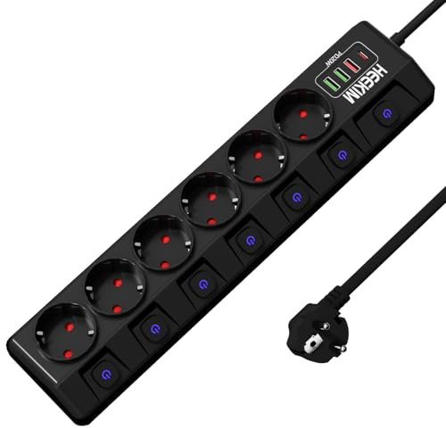 Multiprise 6 Prises, 7 Interrupteurs, 3 Ports USB-A et 1 Port USB-C, Protection Enfant, Rallonge Multiprises Electriques pour Smartphone, Maison, Bureau (4000W/16A) (Cordon de 2m, Noir)