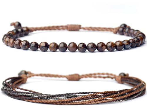 Mezcla Vida Natural Stone Beaded Bracelets for Men Women Unisex Adjustable Waterproof Rope Bracelets Set Valentine's Day Birthday Gifts for Boyfriend Husband Him (Bronzite)