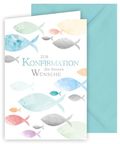 KE - Moderne Glückwunschkarte zur Konfirmation für Jungen und Mädchen, inkl. Umschlag, DIN B6 Format, Konfirmationskarte, silberne Verzierung, Motiv: Fische
