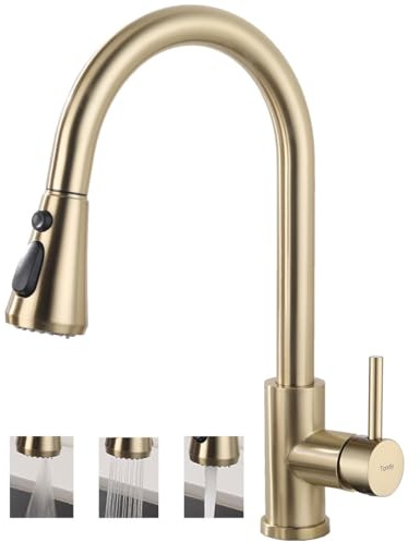 Tondiy köksarmatur matt guld, vattenkran kök med utdragbar dusch (3 stråltyper), högtrycksarmatur diskbänk, 360° vridbar diskblandarkran för kök, matt guld