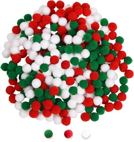 500 Mini Pompon Colorati, 10 mm, Per Bambini, Pom Elastici Colorati Palline, Craft per DIY e Decorazioni, Natale, Feste, Divertenti Fai Da Te, Artigianato (Rosso, Verde, Bianco)