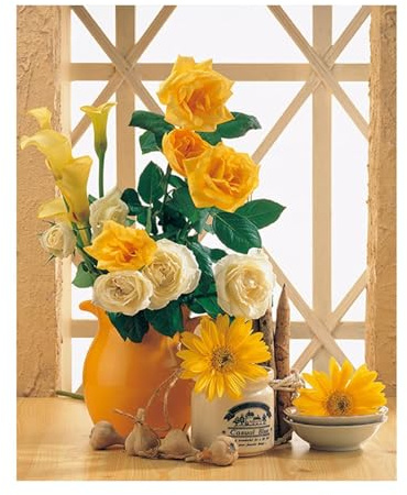 Roses jaunes blanches Peinture par Numéros Adulte DIY Cadre Peinture par Numéros Kits sur Toile Acrylique,avec pinceaux et Pigment Acrylique,Kit de Peinture à l'huile pour Maison Décoration 50x65cm