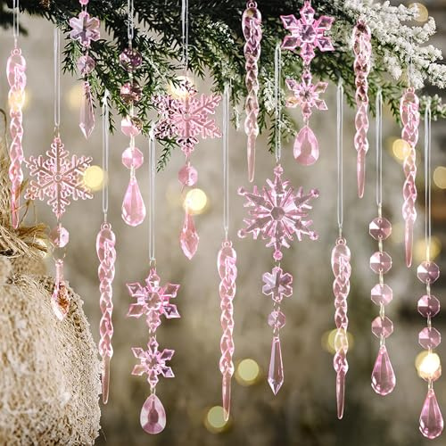 18 Stück Kristall-Weihnachtsschmuck für Weihnachtsbaumschmuck, rosa hängende Acryl-Schneeflocke und Eiszapfen Ornamente mit Tropfenanhängern für Neujahrsparty-Dekorationen