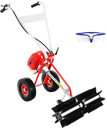 Barredora de gasolina de 43 cc, barredora de malezas a gas de 2 tiempos de 1.7 HP con gafas de seguridad y kit de herramientas, barredora de césped artificial para nieve, entrada, césped, calle