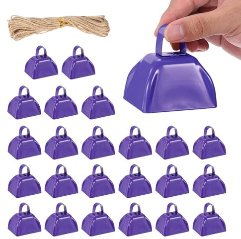 PATIKIL 24pcs Cow Bells for Football Games, 3 Inch Cowbells for Sporting Events Bulk Loud Noise Makers Metal Cow Bell with Rope for Cheering Wedding, Purple