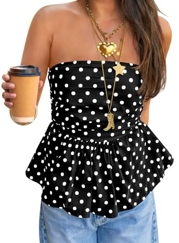 Tankaneo Womens Strapless Polka Dot Tube Tops Cute Backless Peplumn Ruffle Hem Bandeau Top Slim Fit Y2k Tank Tops Black