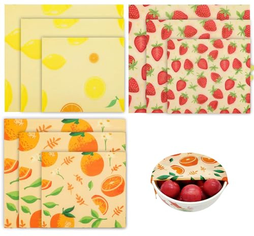 Rusokufo Juego De 9 Paños De Cera De Abeja (3L, 3M, 3S) Reutilizables De Algodón Ecológico – Alternativa Sostenible A Film Alimentario para Pan, Fruta Y Snacks – Diseño De Frutas
