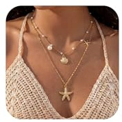 Giyehehi 2-piece necklace with shell and starfish pendants for women, gold-tone boho necklace with pearl shell pendant, delicate jewellery piece for summer holidays by the sea