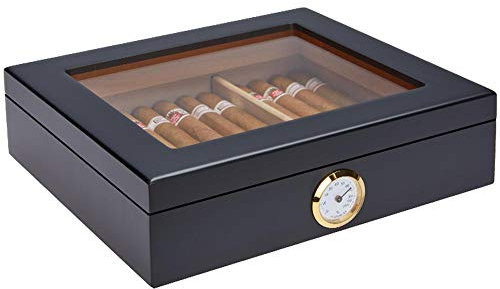 yuanbogg Humidor De Puros, Madera De Cedro, Cubierta Transparente, Proceso De Pintura De Piano, Puede Acomodar 25 Cigarros, Regalos para Hombres@Negro
