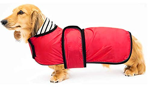 Geyecete Hunde Regenmantel,Einstellbar Wasserdicht Hundejacke für Dackel,Regenmantel mit reflektierenden Trägern,Regenjacken mit Gürtel mit Klettverschluss für Miniaturdackel-Rot-XL