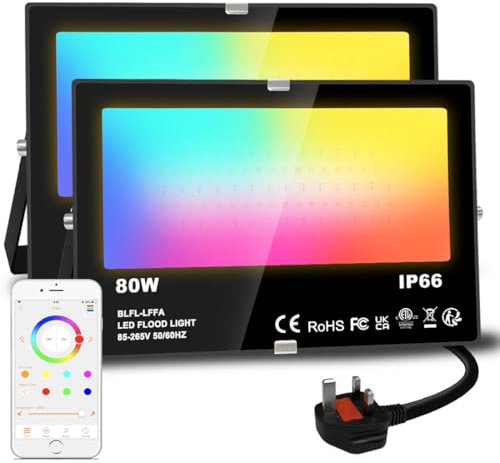 Lighting master LED Floodlight 80W Equivalent 8000LM, Smart RGB Flood Lights Outdoor with APP Control, Colour Changing + Warm White, Timing - Scene - Garden Lighting, IP66 Waterproof, UK Plug（2 Packs