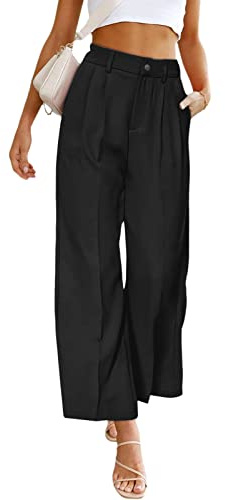 Pantalon en Lin Culotte Longue Femme Taille Haute Pantalon d'été élégant Tissu Confortable aéré Pantalon en Tissu Ample avec Boutons (L)