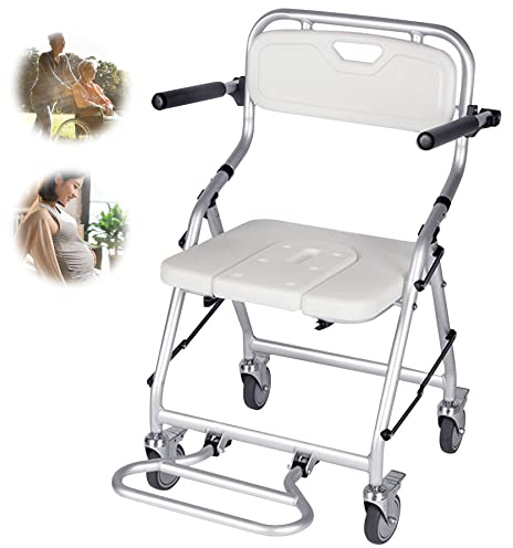 VFDZ Sedia da Doccia per Disabili con Rotelle, Pieghevole, Bianco