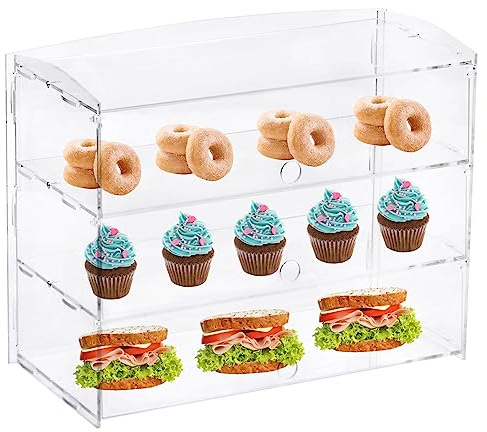 sourcing map 3-Tier Pastry Display Case Countertop, Acrylic Donut Display Box with Rear Door Access, Suitable for Bakery Snack Bar Cafe, 19.3L x 9W x 15H