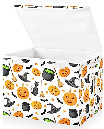 Halloween Storage Baskets Collapsible Storage Bins with Lids, Halloween Pumpkin Black Cat Ghost Bat Pattern Storage Boxes Clothes Baskets for Organizing