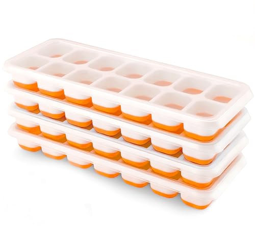 Airabc Eiswürfelform, 4er Pack Eiswürfelform mit Deckel, Eiswürfelform Silikon Platzsparend und Stapelbar Ice Tray Cube, LFGB Zertifiziert und BPA Frei Quadratische Eiswürfel einfach Herauszunehmen