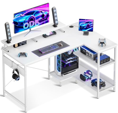 ODK Small L Shaped Desk, 120 x 80 cm Corner Desk with Reversible Storage Shelves, Gaming Desks with Monitor Stand and PC Stand for Home Office, Computer Desks with Headphone Hooks, White