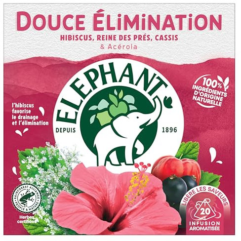 Elephant, Infusion Douce Elimination, Goût Reine des Prés, Hibiscus et Cassis, Ingrédients d'Origine 100% Naturelle, 20 Sachets Pyramid